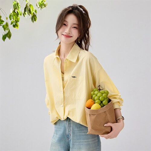 2026春夏新款蓝衬衫女宽松显瘦元气少女感衬衣韩版松弛感慵懒风，女装衬衫，艾米