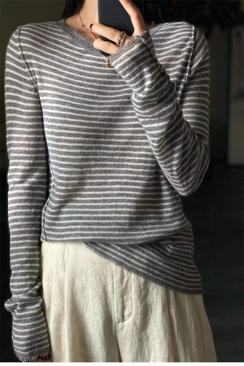 欧洲站精纺羊毛衫女超薄微透圆领条纹外穿毛衣宽松打底针织衫春秋,针织衫/毛衣,洁纯羊绒