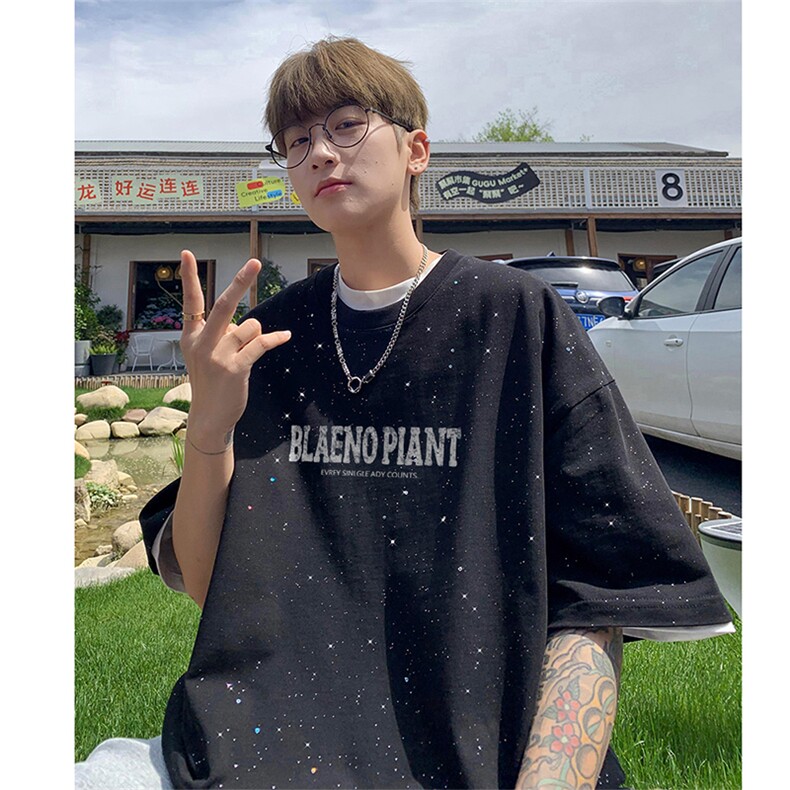 可48小时发货支持抖音得物来样二开美式满天星亮片短袖T恤MTX711,男装T恤,电商A486-1