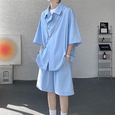 TZ785-特p55控98新中式风斜门襟飞机扣冰丝短袖衬衫大码套装，男装T恤，电商A059