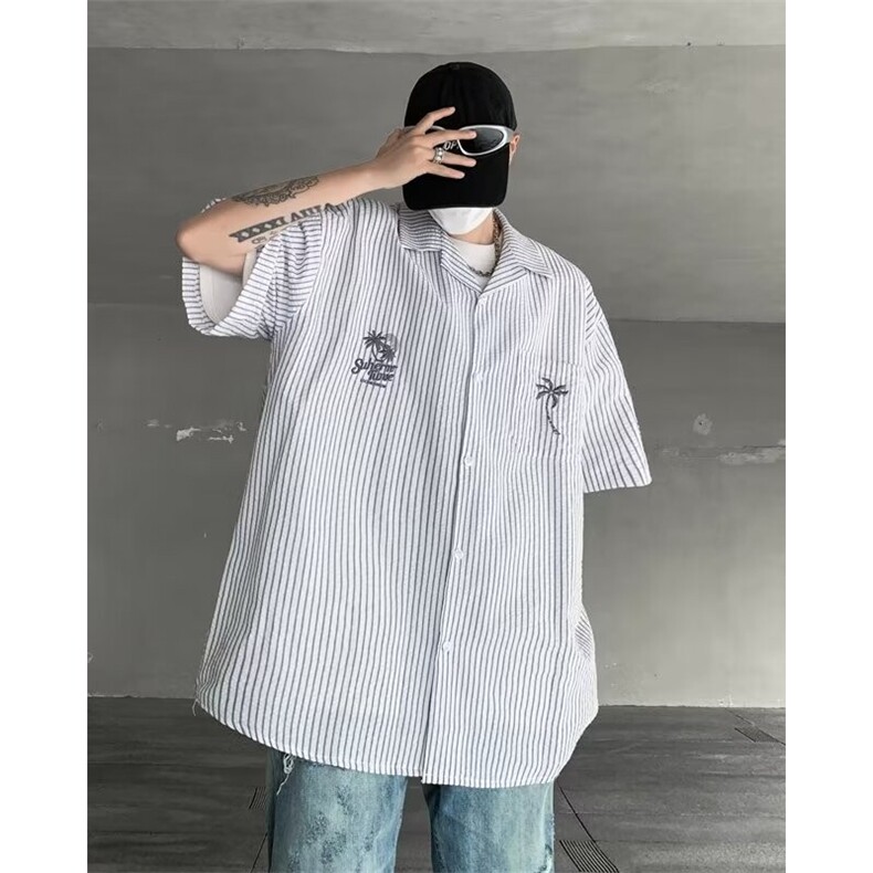复古竖条纹针织短袖衬衣男2024夏季潮流宽松半袖衬衫休闲,男装衬衫,星座716-4
