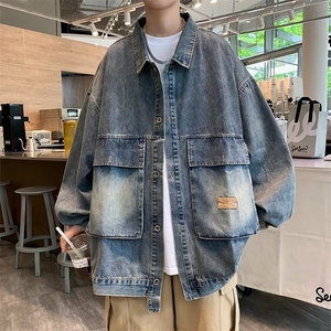 日系复古翻领水洗做旧牛仔夹克男休闲宽松落肩外套上衣服 J3302图片