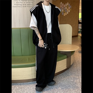 DP3708-P65三杠条纹设计休闲运动套装春夏垫肩无袖卫衣卫裤两件套图片