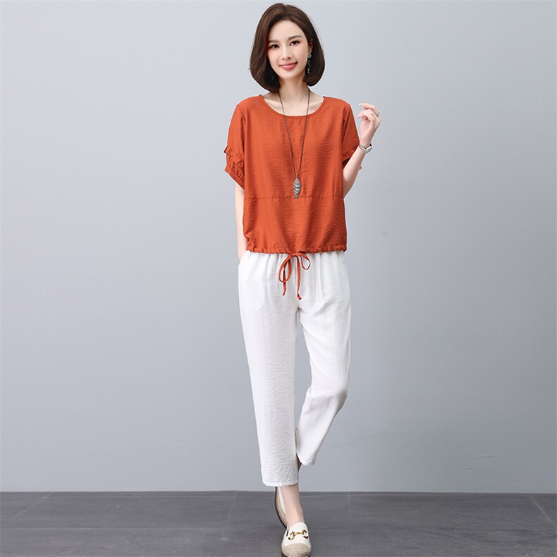 2023年春夏季下摆抽绳短袖+休闲长裤套装休闲风，女装套装/套裙，依倍林