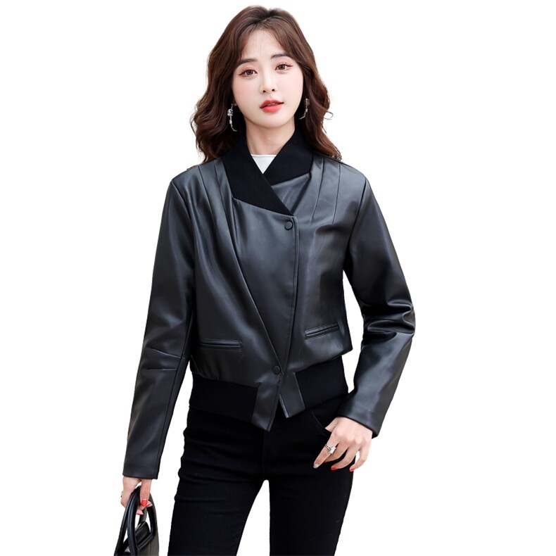 现货秋季潮流新款皮衣短款宽松长袖机车服外套2022拼接皮夹克,女装皮衣,江南女神