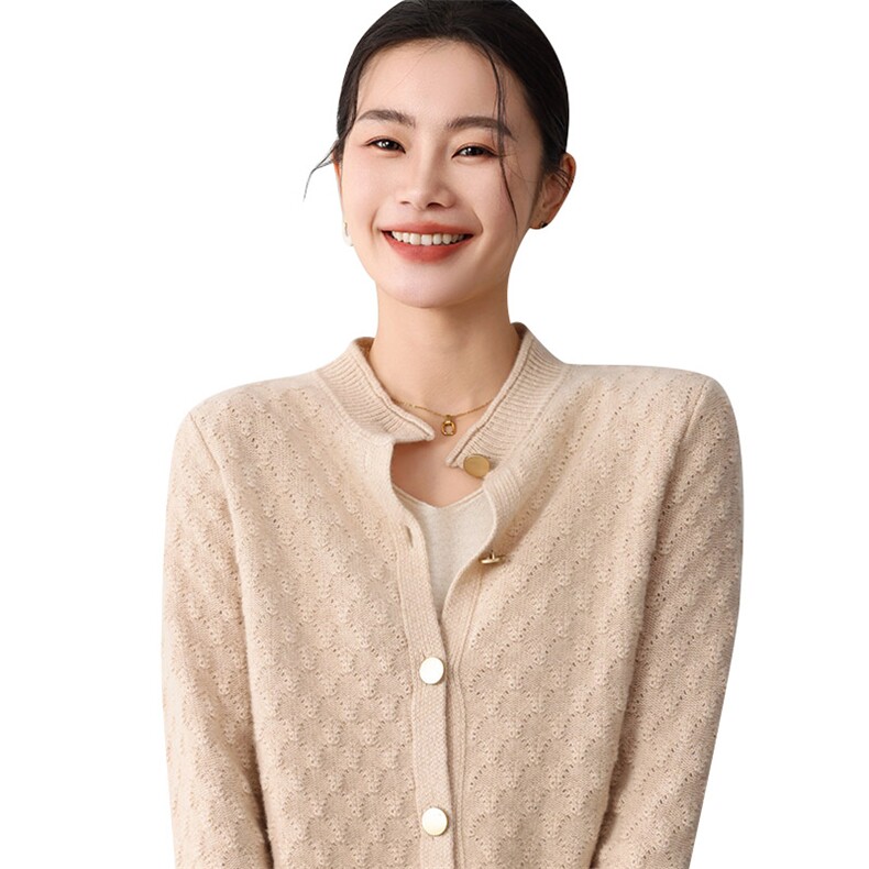 2024秋季新款圆领长袖单排扣菠萝针开衫通勤百搭,女装羊毛衫,琳尚羊绒