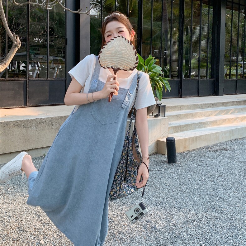 休闲减龄牛仔背带连衣裙套装女夏季新款学院风洋气时尚T恤两件套,女装套装/套裙,慧尚2-185