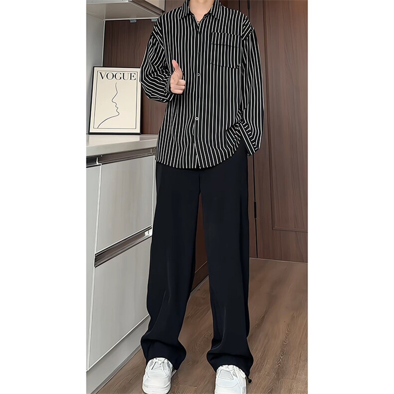 TZ30828018/P90套装长袖条纹衬衫西裤男垂感上衣衬衣休闲裤两件套,男装休闲裤,电商A141