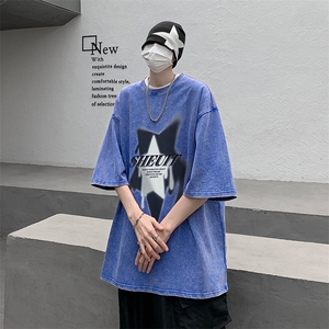 B239-1059-P38 重磅 美式复古水洗做旧 字母几何图印花 短袖T恤图片
