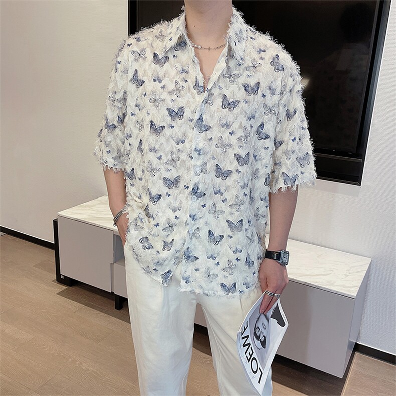 夏季新款小众蝴蝶毛边流苏设计感短袖衬衫痞帅网红衬衣0239-P63,男装T恤,电商B267