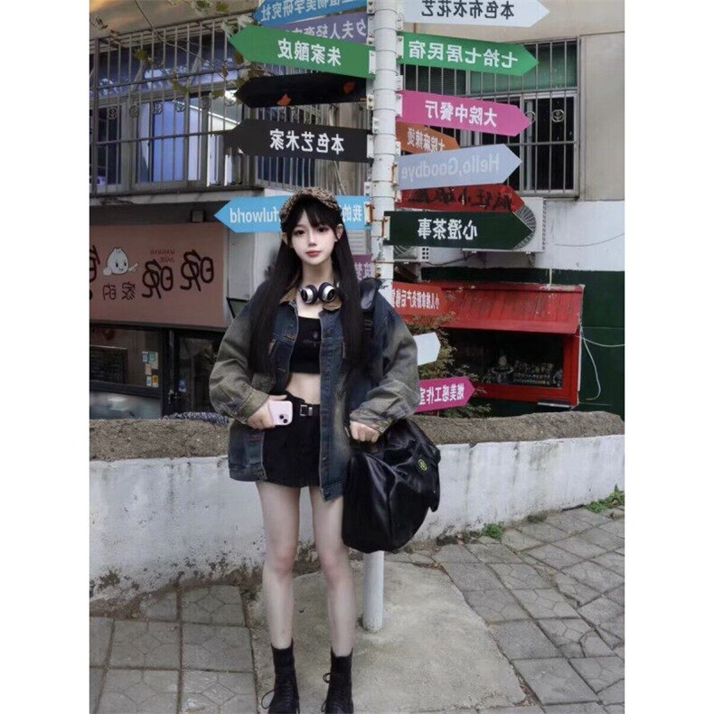 复古蓝水洗底特律牛仔夹克外套男女春季美式潮牌拼接设计机车服,男装夹克,星座506A
