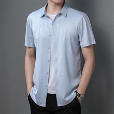新品2024年夏季男士短袖衬衫翻领印花商务休闲中年爸爸装上衣P68，男装衬衫，钱塘6003A(原)4033A