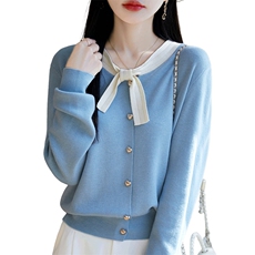 法式高级感小香风上衣蝴蝶结系带针织羊毛衫2025年春秋软糯打底衫，女装T恤，暖烁羊绒