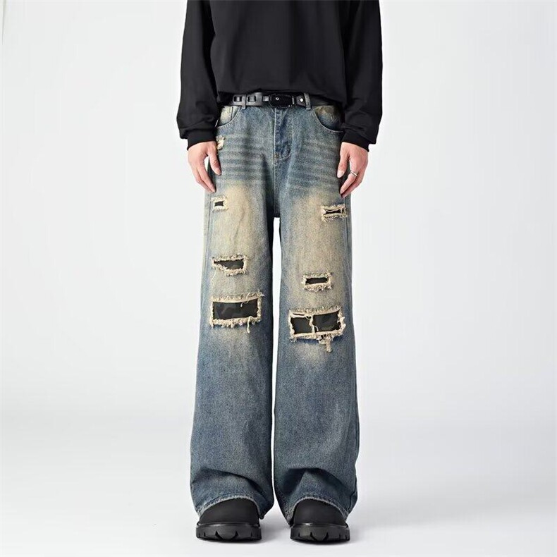 美式街头拼接牛仔裤男春款vibe潮牌高街宽松休闲直筒裤RK2456-P58，男装牛仔裤，星座412-3