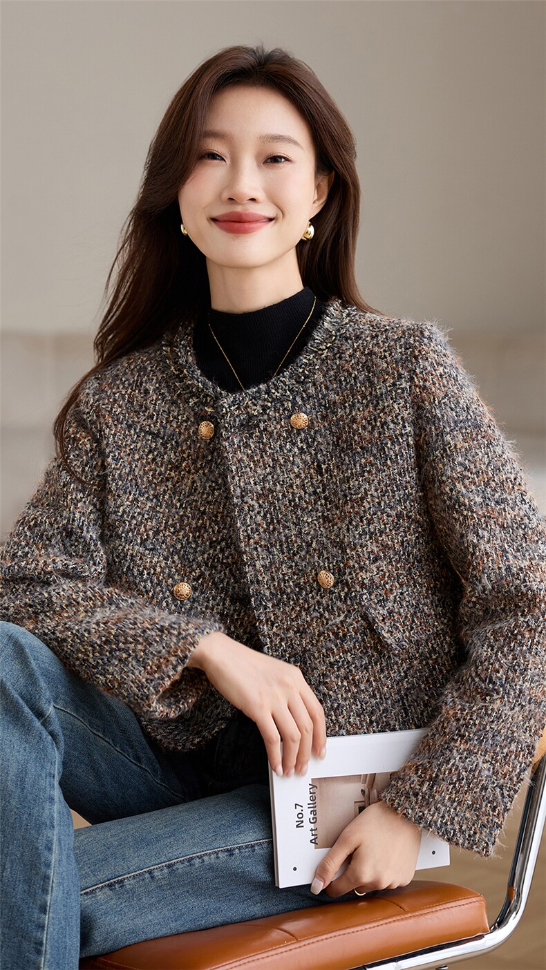 粗花毛呢小外套超短款外搭加棉女装上衣通勤气质小香风裙裤百搭款,女装毛呢外套,婵米儿