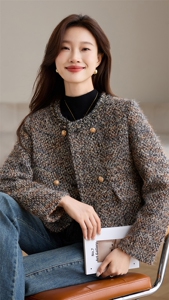 粗花毛呢小外套超短款外搭加棉女装上衣通勤气质小香风裙裤百搭款图片