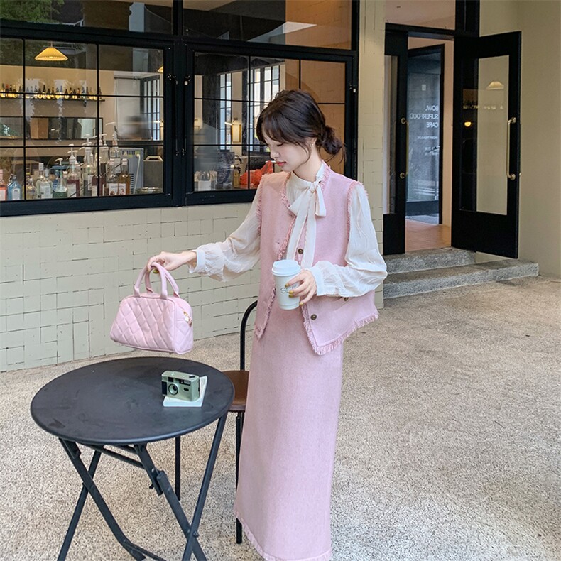 粉色小香风马甲套装裙女春秋三件套超火爆款漂亮流行气质高级感，女装套装/套裙，纯色衣恋