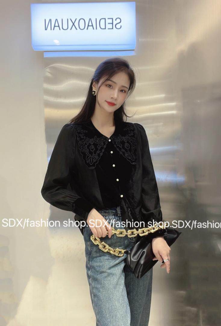 【现货】高品质绣花领拼丝绒款上衣，其它，色调轩