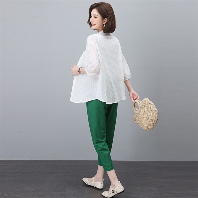 新款妈妈夏装套装洋气时尚中年妇女纯棉衬衫百搭减龄两件套，女装套装/套裙，涵誉