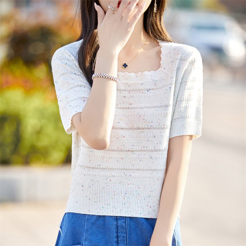 超好看~花纱针织方领短袖上衣女2024夏新款法式短款减龄显瘦T恤衫,女装T恤,菲奥羊绒