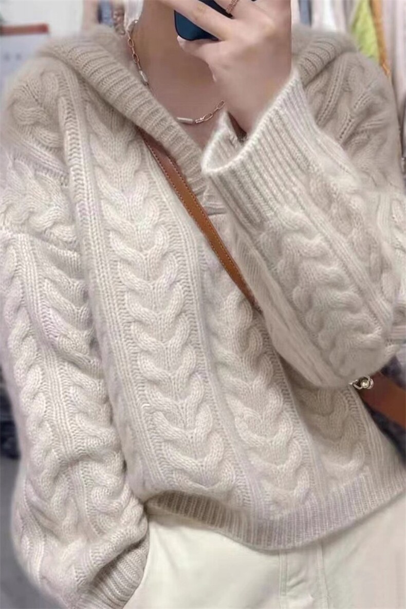 秋冬新款连帽针织加厚套头毛衣女扭花帽衫打底羊毛衫,女装羊毛衫,思途羊绒