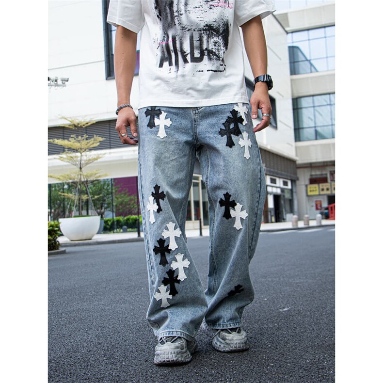百搭原宿日系时尚气质新款慵懒潮流皮标十字架牛仔裤简约文艺ins，男装皮裤，星座506A