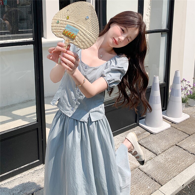 高级感小众蓝色套装裙女2025年夏季韩系显瘦上衣半身裙减龄两件套,女装套装/套裙,2C212