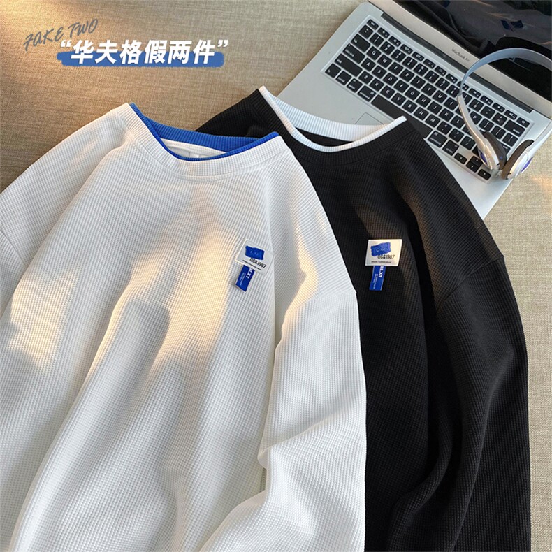 HQ1166-TP35控48-春季港风2023华夫格卫衣个性假两件贴标卫衣男图片