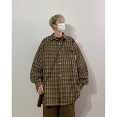 2025春季新款日系格子衬衫男潮流宽松磨毛长袖衬衣现货W8108-P30，男装衬衫，星座512-4
