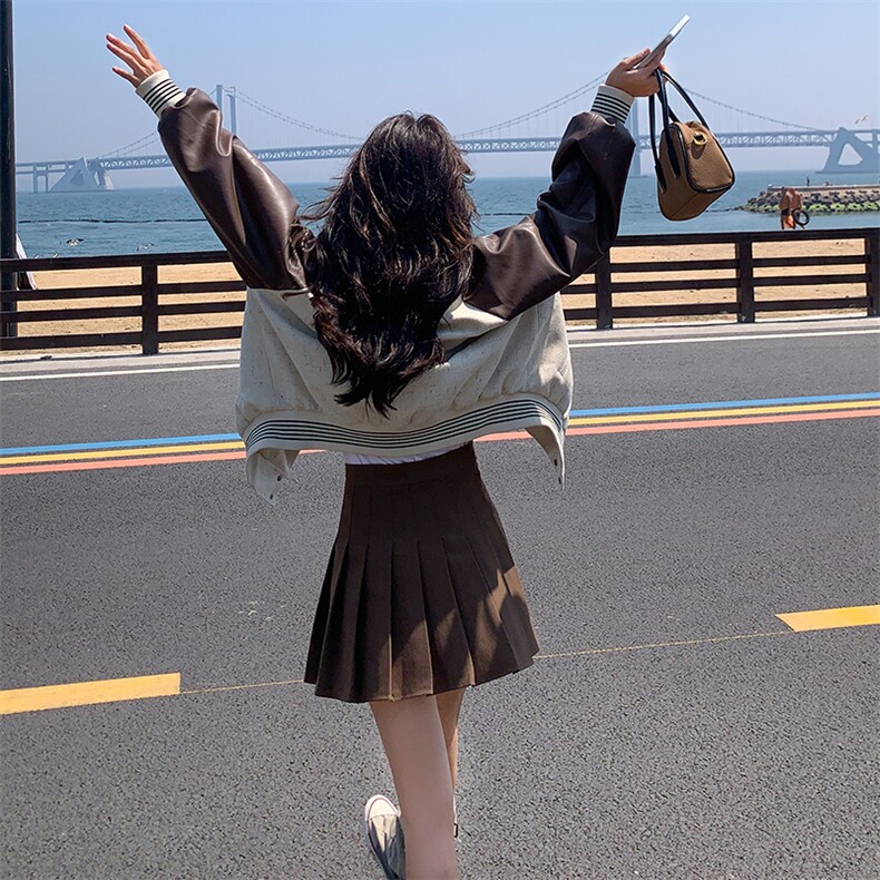 小众设计感pu皮拼接短外套女春秋2025新款好看独特气质通勤棒球服,女装短外套,2C088