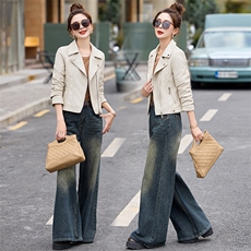 秋季新款皮衣外套女小个子短款机车服时尚气质西装领PU皮夹克上衣，女装皮衣，魅丽静蓝