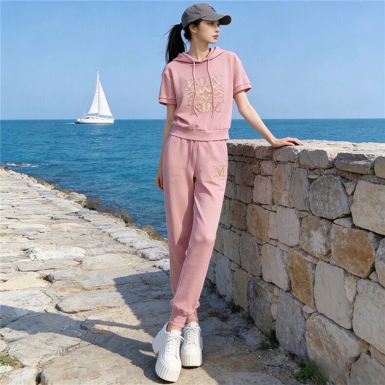 时尚减龄休闲套装女夏季新款粉色连帽短袖卫衣休闲束脚长裤两件套,女装套装/套裙,江南