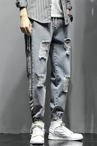 2021春秋季新日系大码束脚印花撞色拼接九分破洞牛仔裤男N8105-P50图片