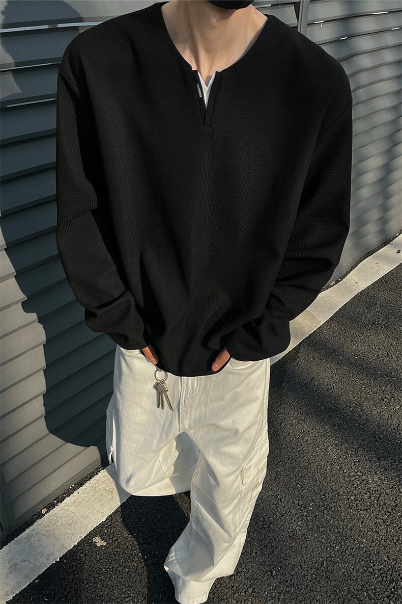 黑墙春季打底衫宽松长袖T恤春装V字亨利领男套头上衣S389特P28,男装T恤,电商A233-1