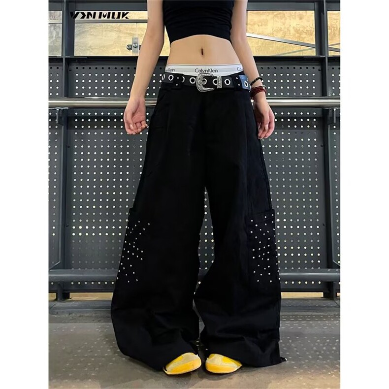 美式黑色微喇牛仔工装裤女2025年秋季高腰显瘦高个子拖地喇叭裤，男装工装外套，星座506A