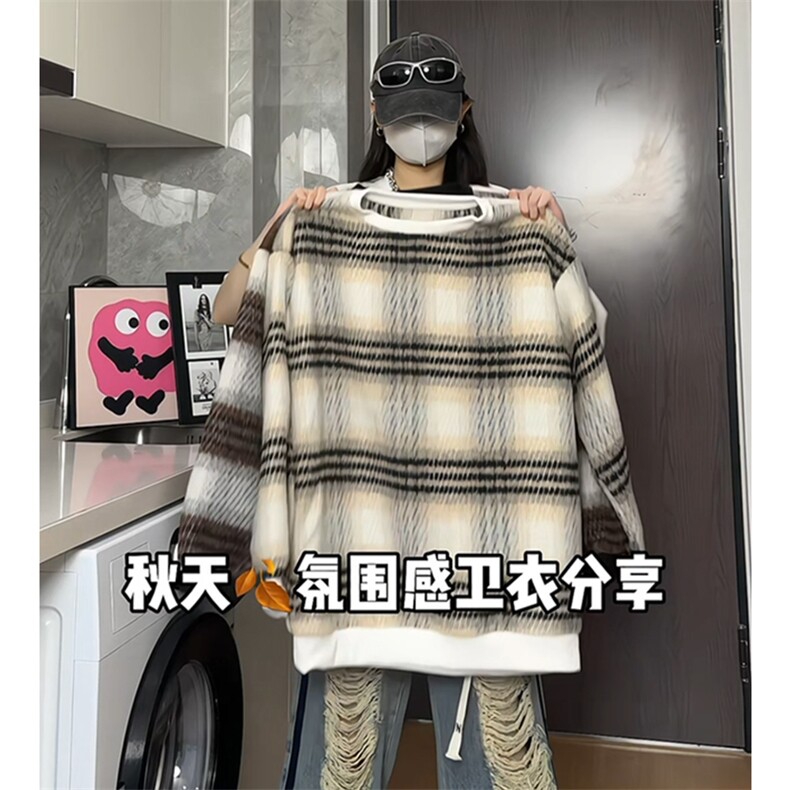 秋冬重磅卫衣毛呢格子外套日系宽松卫衣港风大码A017WY011P55,女装短外套,电商A017