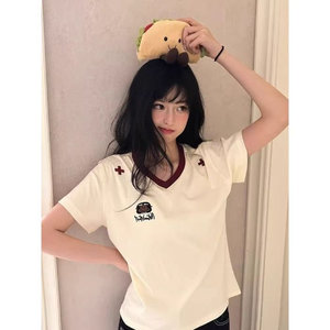 H1027-P35刺绣220克宽松休闲V领短袖t恤男女同款图片