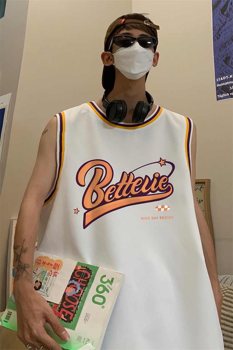 港风纯棉夏季休闲拼色螺纹印花网眼篮球背心男女T6927P35控48,男装背心/马甲,电商A268A