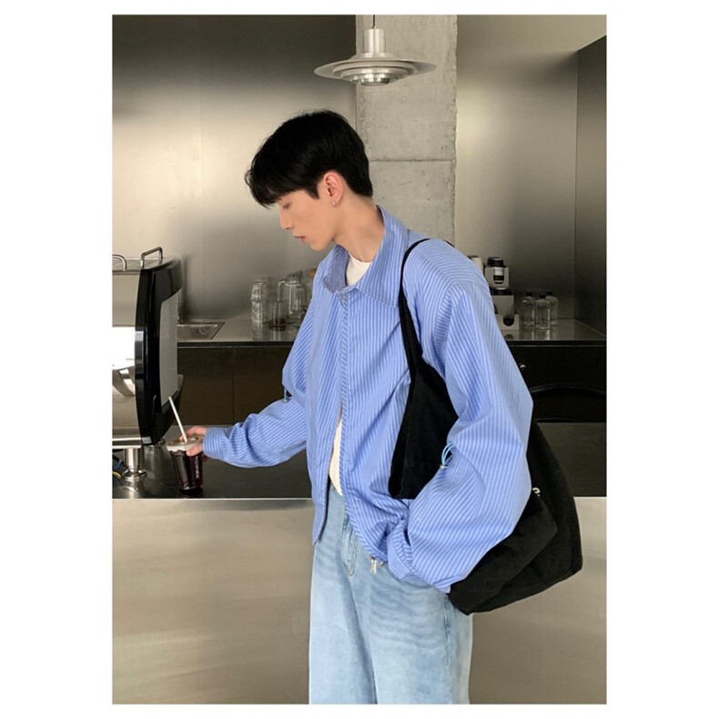 ONELYC1NS短款条纹夹克男宽松秋款可拆垫肩休闲衬衫外套潮流,男装夹克,星座506A
