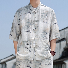 2025春季新款风男装盘扣新中式唐装文字印花衬衫C106-P50，男装衬衫，电商B277(原6028)