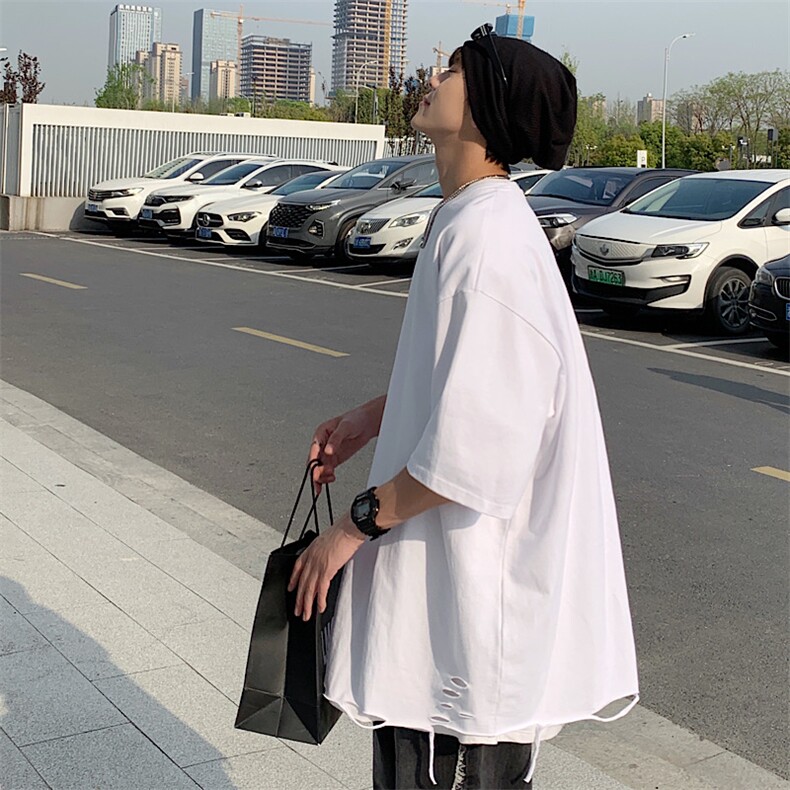 2025夏季日系双纱250克重磅破洞纯棉短袖T恤港风休闲T263/P40控59，男装T恤，星座608A