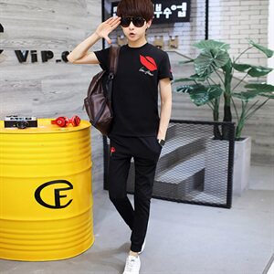 2021夏季男圆领短袖九分裤套装刺绣男韩版修身棉T恤A112-t704-P60图片
