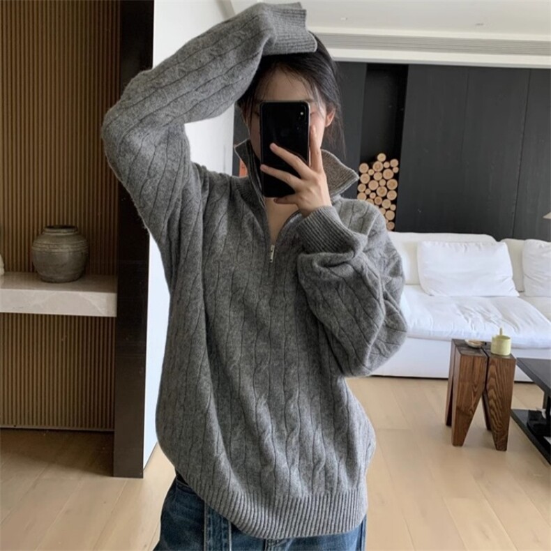 女士秋冬羊毛扭花半开拉链毛衣羊毛,女装羊毛衫,鑫之绒