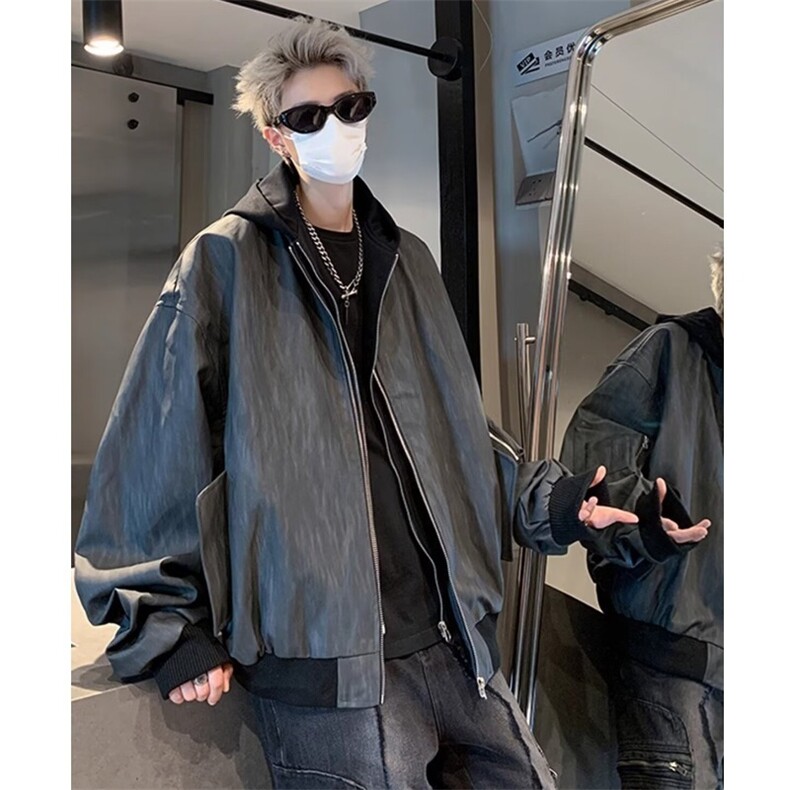 设计美式复古棒球服男春季宽松休闲短款连帽pu皮纹理夹克外套潮流,男装夹克,星座1013-1