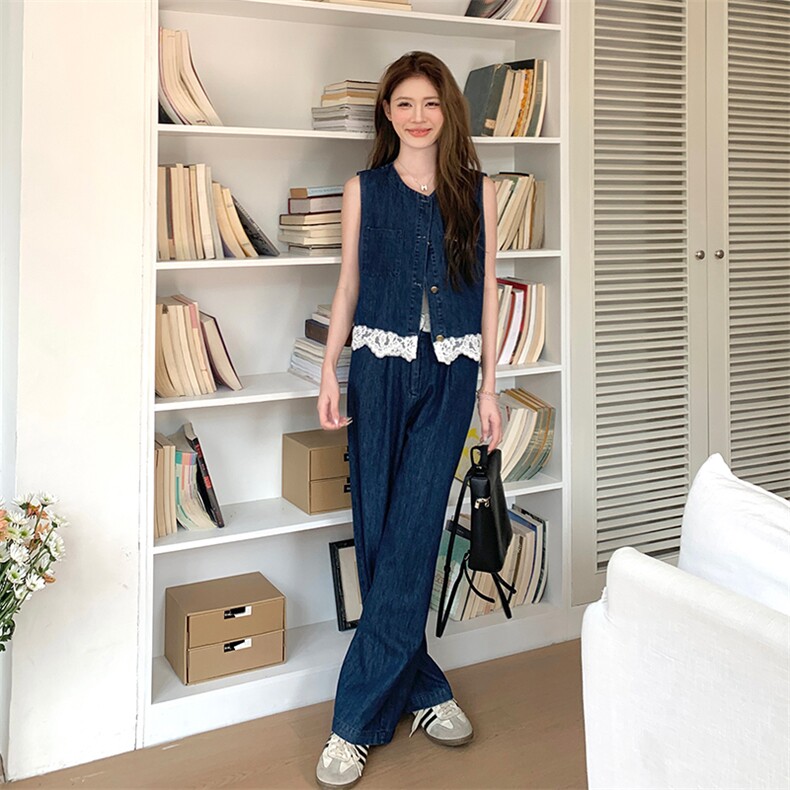 韩版蕾丝拼接牛仔套装女2025夏季新款超好看马甲高腰阔腿裤两件套图片