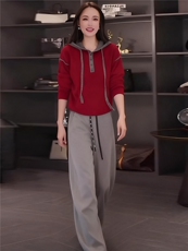 时尚休闲套装女秋新款半纽扣撞色麻花连帽卫衣灰色阔腿长裤两件套，女装套装/套裙，江南