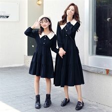 2021春秋季新款拼色长款亲子连衣裙蛋糕裙中长款复古长袖女，女装连衣裙，安之芮娜