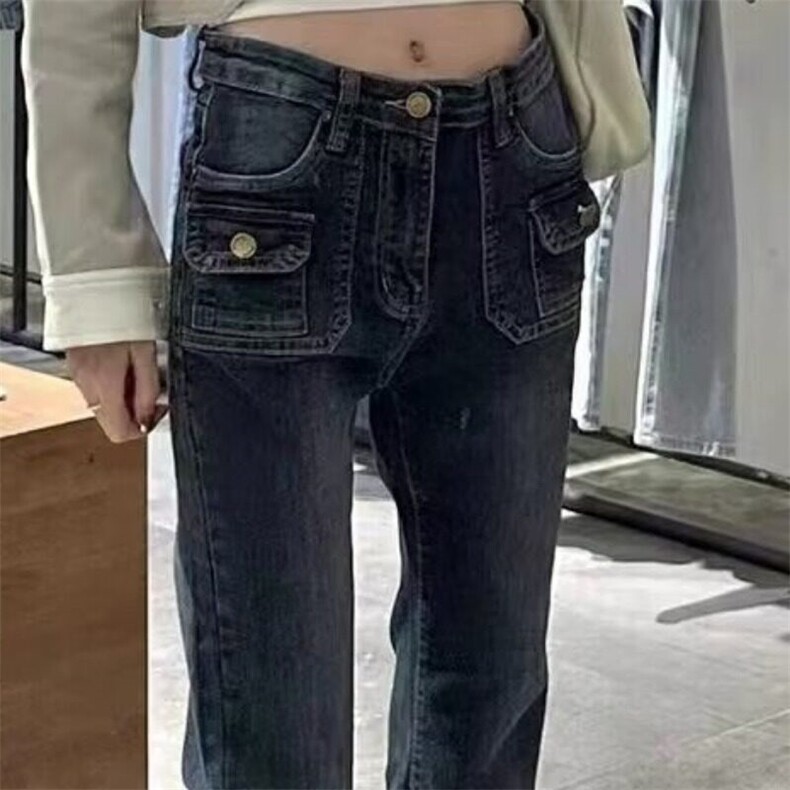复古蓝喇叭裤女装初中学生紧身秋季高腰加绒加厚微喇女孩牛仔裤,男装牛仔裤,星座506A