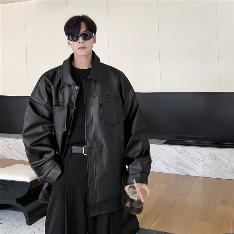 港风翻领pu皮面料皮衣男潮流休闲宽松皮衣外套男77107P78控108，男装皮衣，星座227-7