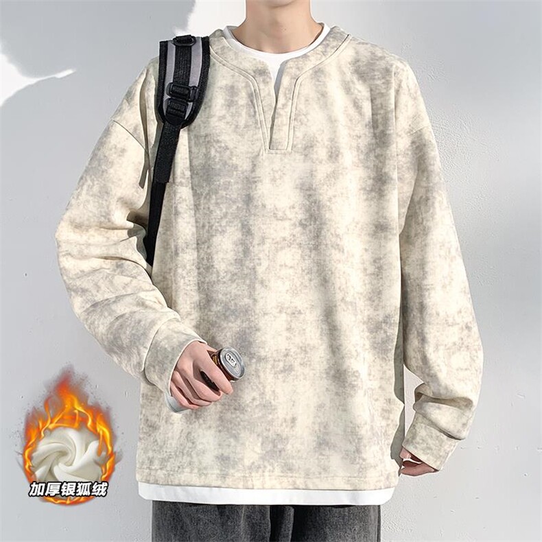 假两件扎染冬季加绒银狐绒亨利领长袖卫衣男W5012J加绒-特P35控68,男装卫衣,电商A001
